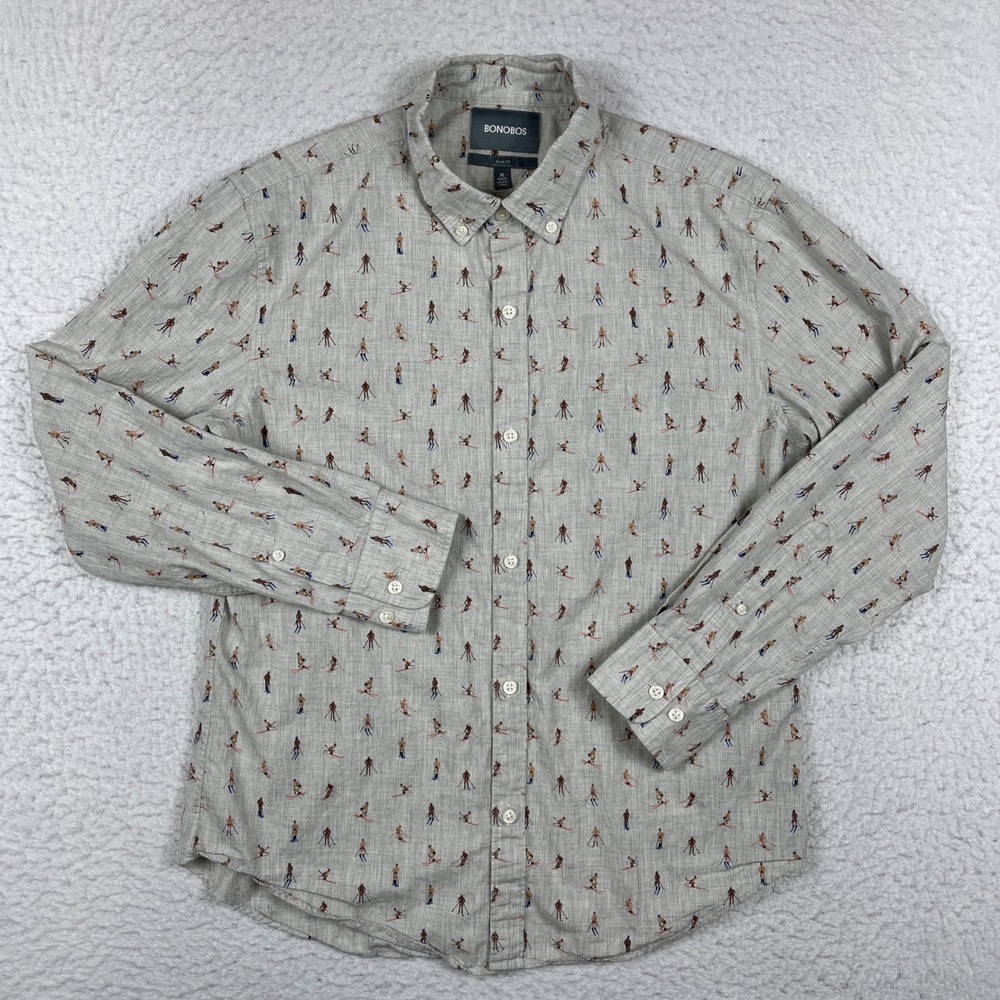 Bonobos Button Down Shirt Mens Medium Short Slim Fit Grey Skier Long‎ Sleeve